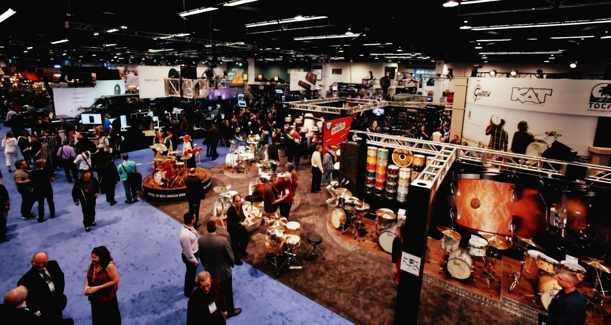 Drums, drums, and måore drums at the NAMM Show in Anaheim, California.