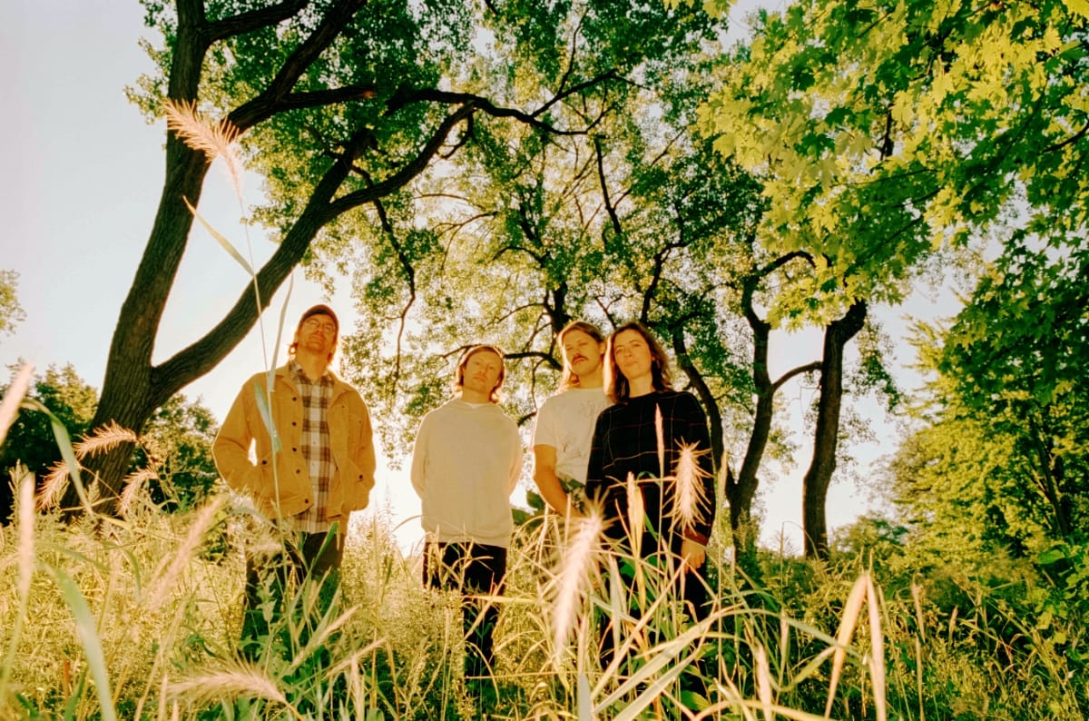 Four members of Ratboys stand in tall grass beneath green-leaved trees, photographed from below in warm golden light. Photo by Miles Kalchik.