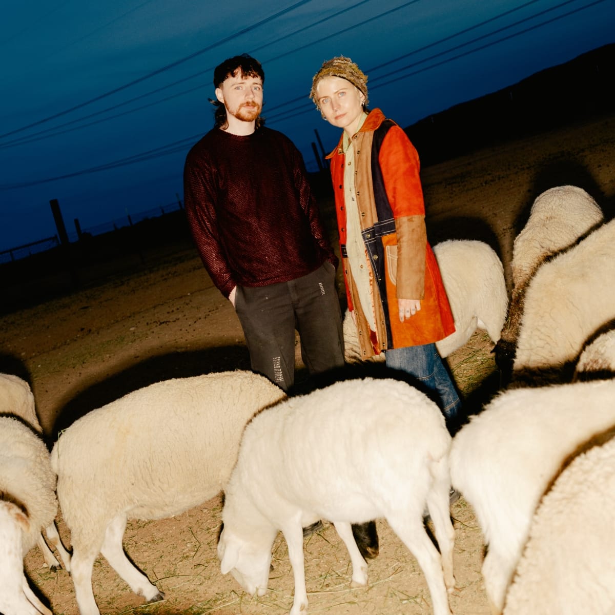 Green-House duo stands among sheep at twilight, deep blue sky with power lines overhead, warm clothing against evening chill. Photo by Daniel Dorsa.