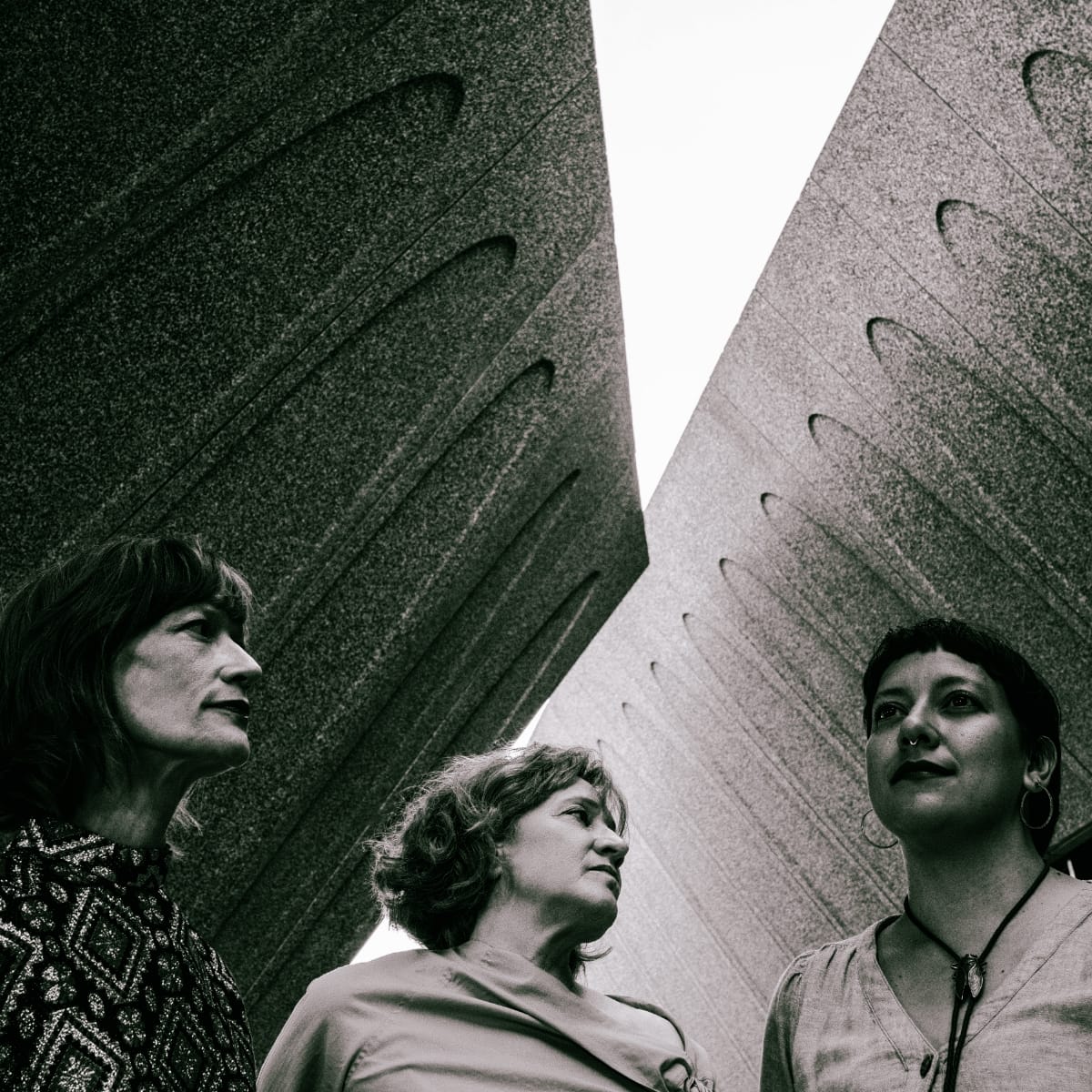 Sarah Morrison, Holly Tavel, Beatriz Ortiz-Belt of Lost Noises Office from below against angular concrete, black and white. Photo by Jim Leatherman.
