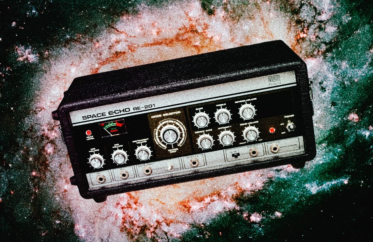 A Roland Space Eco RE-201 cruising through space with a galaxy in the background.