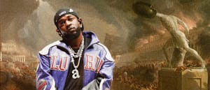 Kendrick Lamar in front of Cole Thomas's painting 'The Course of Empire Destruction' (1836)